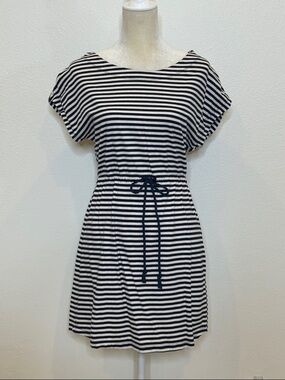 Striped Navy and White Drawstring Waist Dress